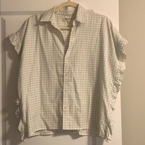 madewell ruffle grid print blouse xxs blue white